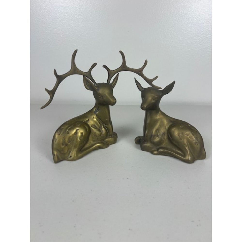 Vintage Brass Deer Reindeer Figurines Set of 2 Buck and Doe Mid Century Decor